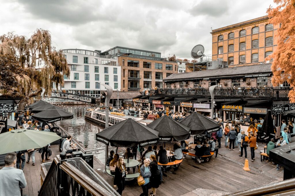 Busy market in Camden Town, a popular area for new London residents including expats and students