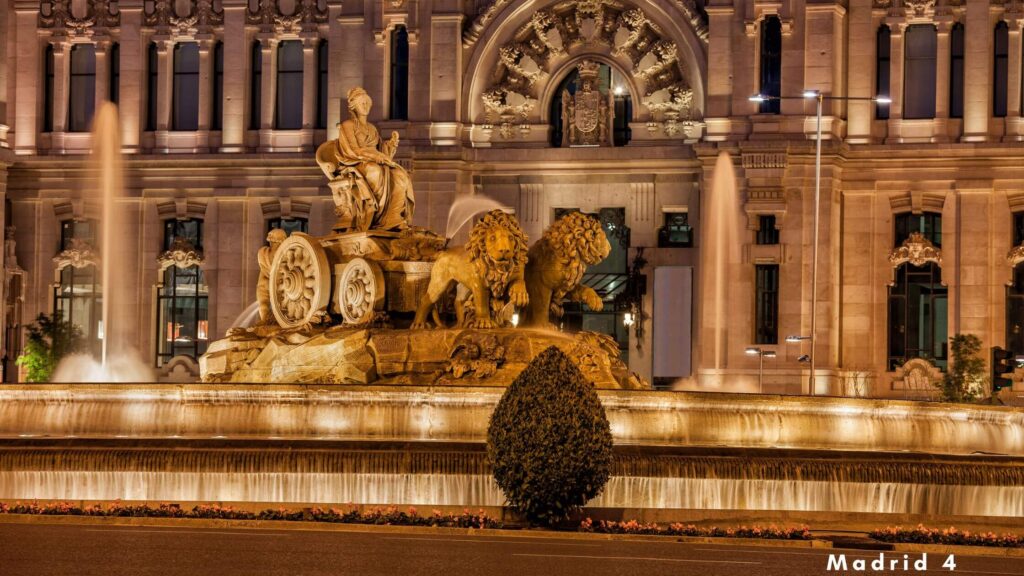 The beautiful Cibeles palace near Retiro in Madrid at night time